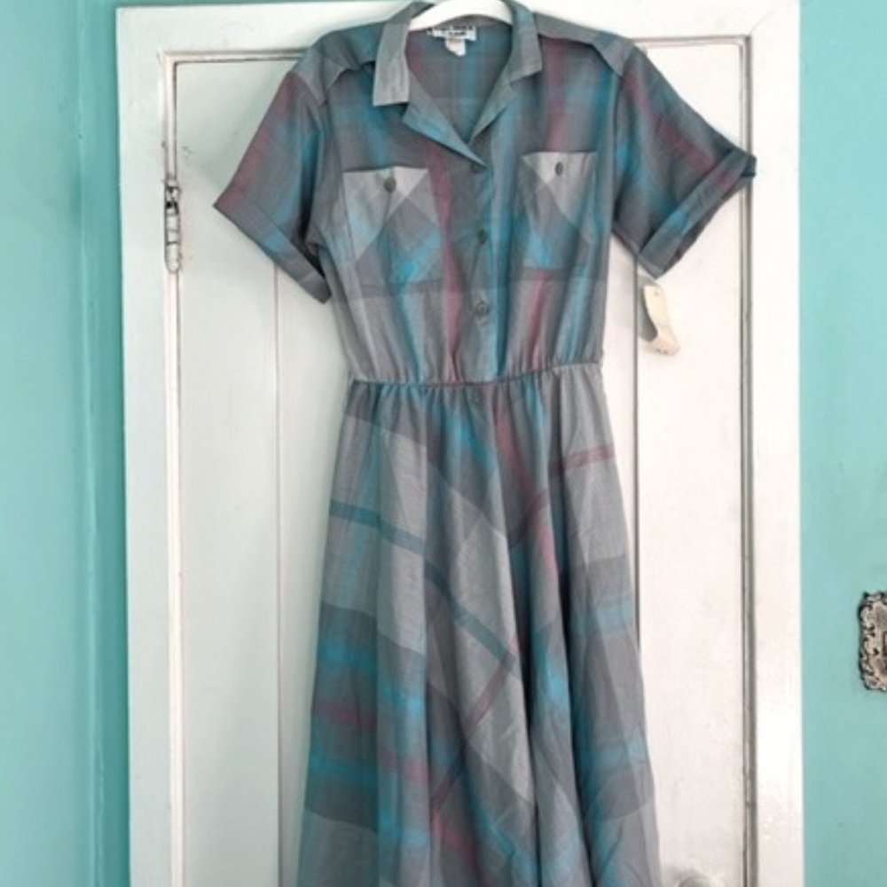 Vintage 1980’s Melissa Lane Pastel Plaid sheer midi Shirtdress